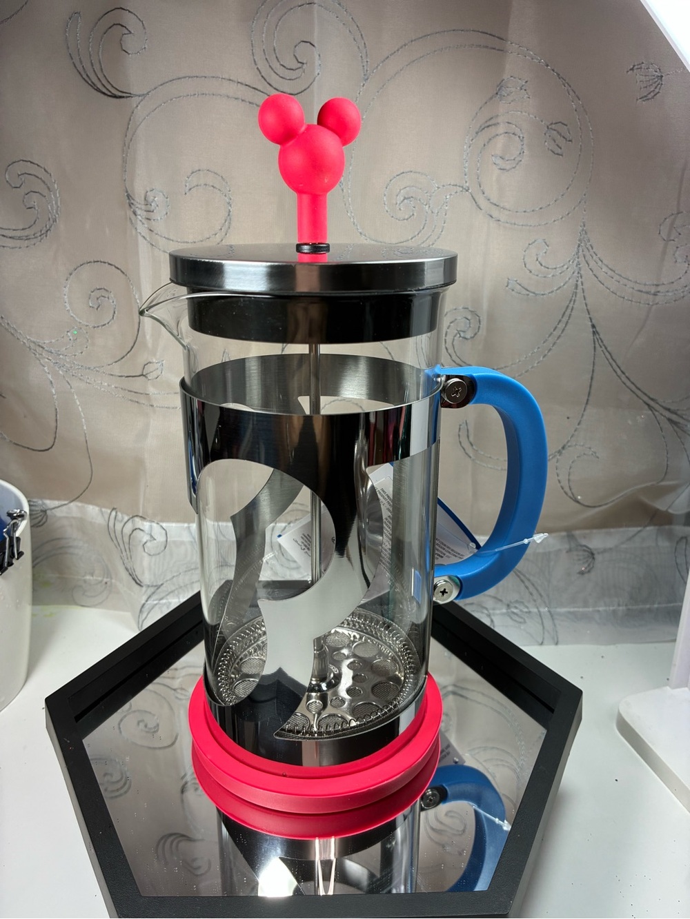 Disney Glass French Press Coffee Maker with Blue Handle and Pink Details